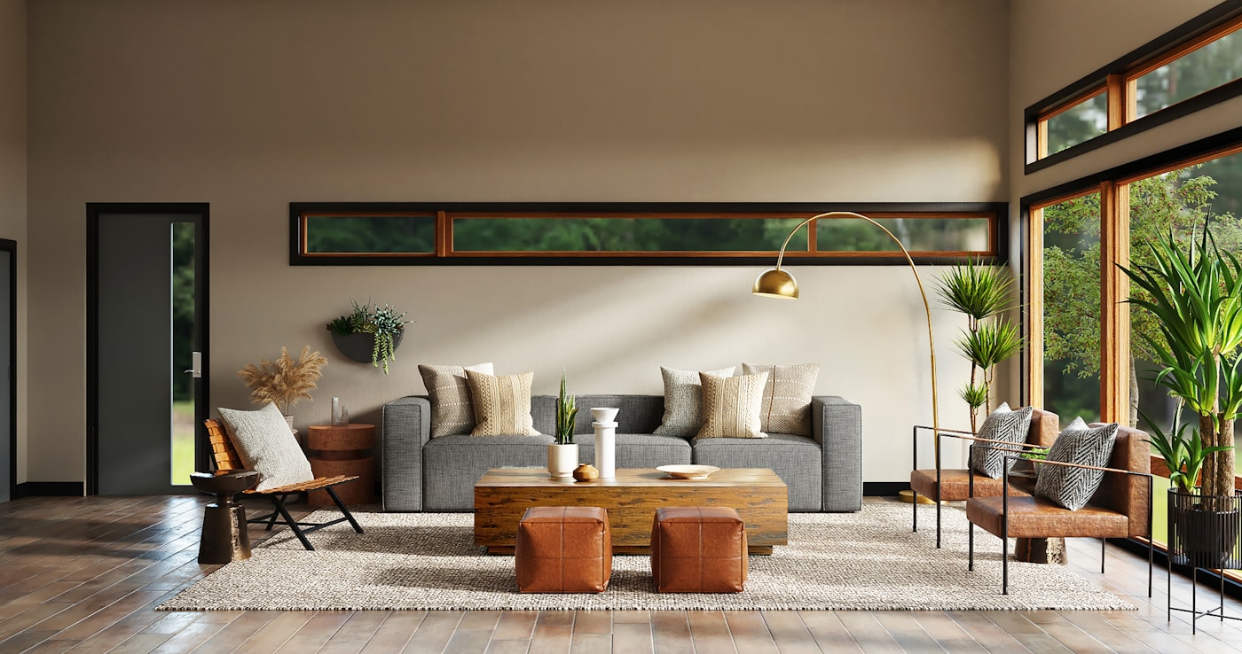 Intérieur raffiné : lumière naturelle, matières et volumes en harmonie