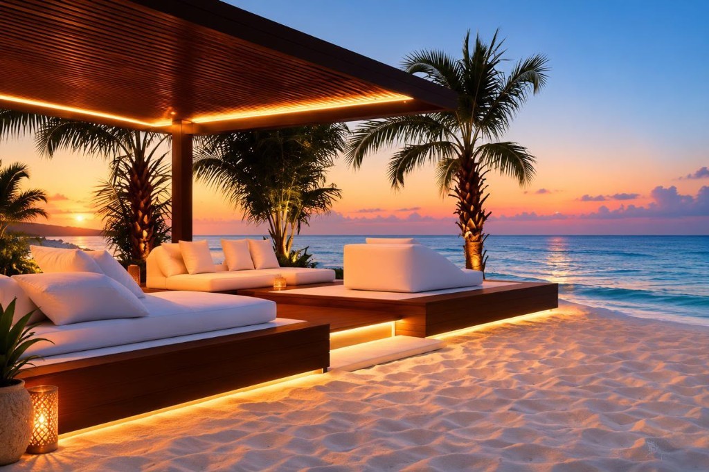 Lounge de plage au coucher du soleil, ambiances Caraïbes